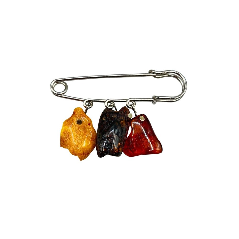 Vintage Amber Safety Pin Brooch 3 Color Amber Nuggets Dangles Silver Tone